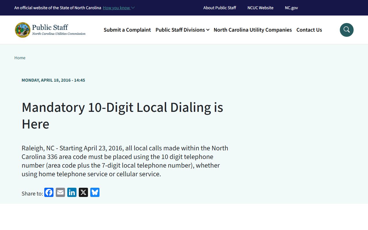 Guilford County area codes North Carolina Public Staff dialing rule