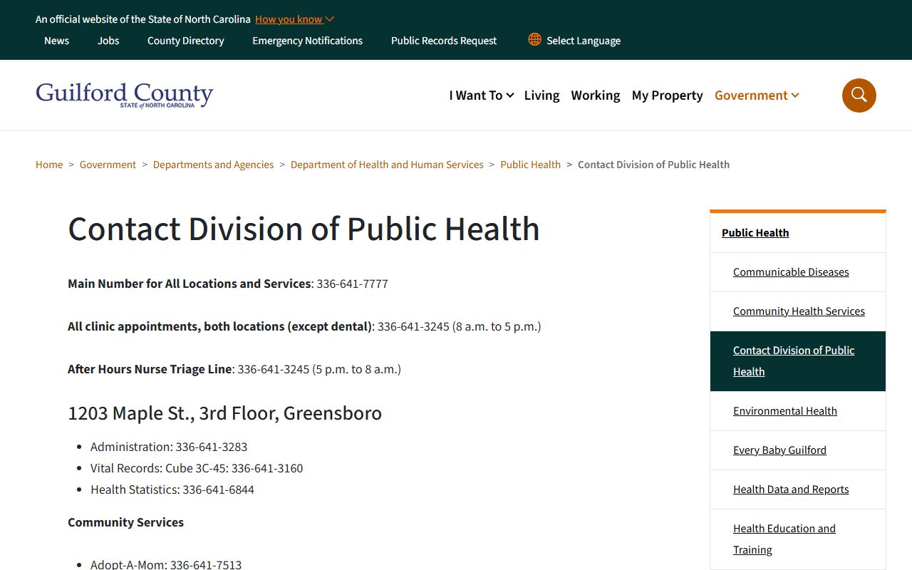 Guilford County Public Health contacts screenshot
