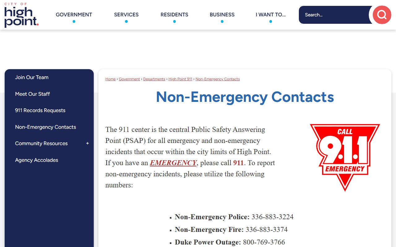 High Point non-emergency contacts screenshot