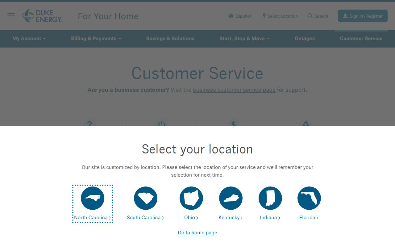Duke Energy customer service portal screenshot